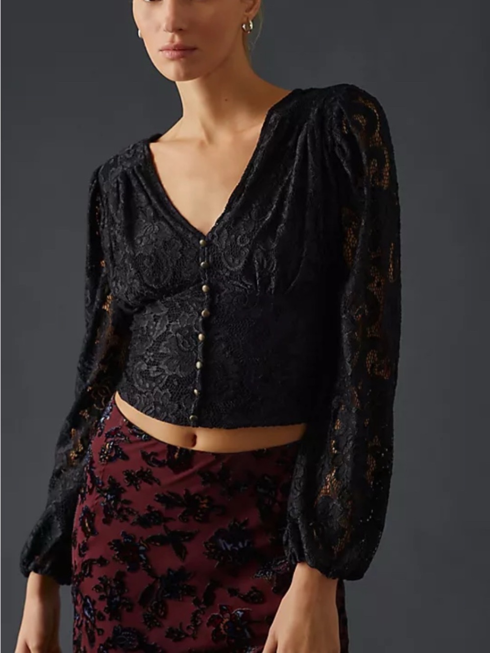 Anthropologie Black Lace Crop Ballon Sleeve Blouse size XS - Picture 5 of 9